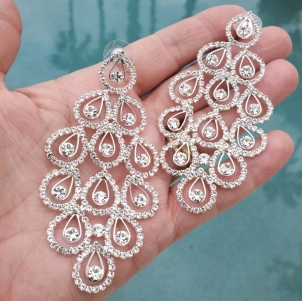 PLATINUM SILVER CZ Chandelier Earrings Waterfall Statement Bridal Wedding Bling - Picture 2 of 10